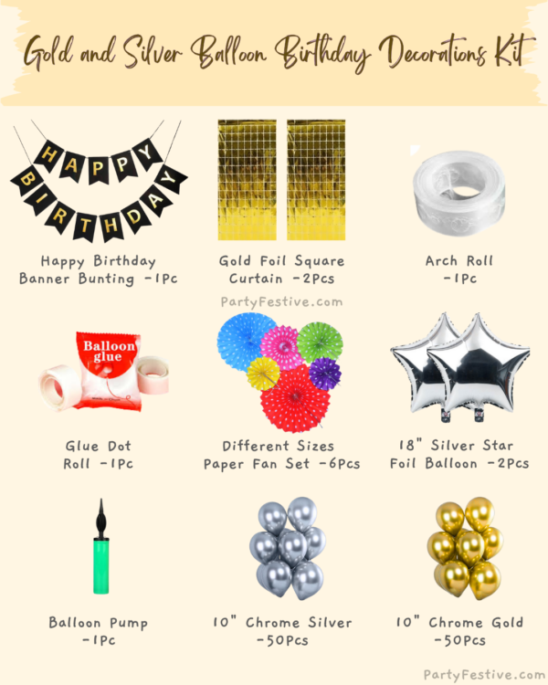 Gold & Silver Theme Baby Birthday Decoration Kit with Paper Fan / Combo Pack Priyafestiveteam