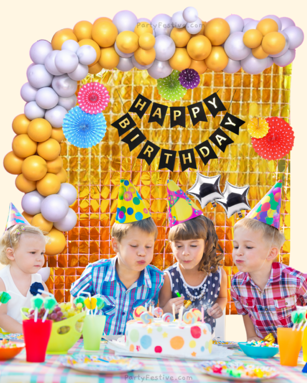 Gold And Silver Theme Baby Birthday Decoration Kit with Paper Fan / Combo Pack