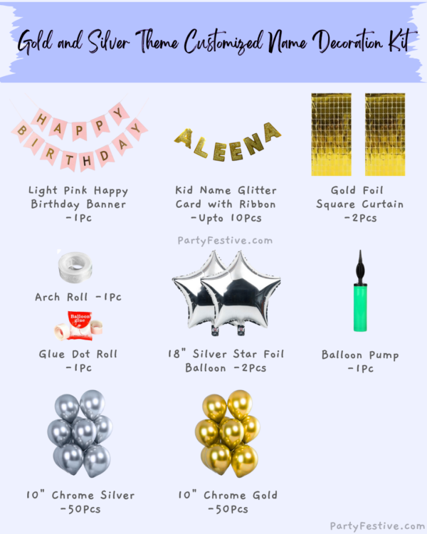 Baby Birthday Gold Silver Theme With Customize Baby Name Decoration kit Baby Birthday Gold Silver Theme With Customize Baby Name Decoration kit