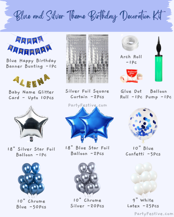 Blue & Silver Theme Birthday Decoration Kit.