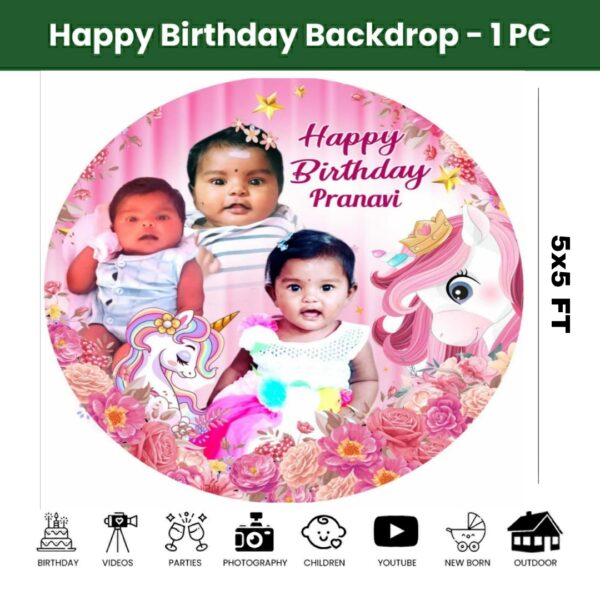 Unicorn Theme Round Customize Birthday Backdrop Banner - 5x5 FT.