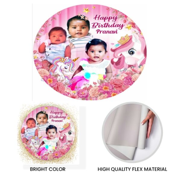 Unicorn Theme Round Customize Birthday Backdrop Banner - 5x5 FT.