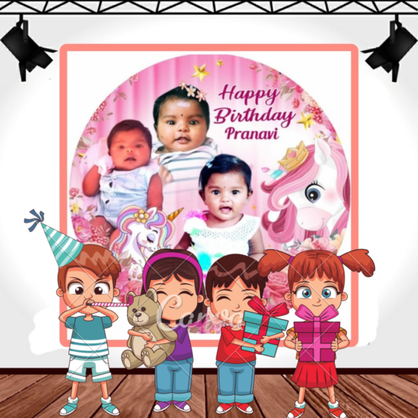 Unicorn Theme Round Customize Birthday Backdrop Banner - 5x5 FT.