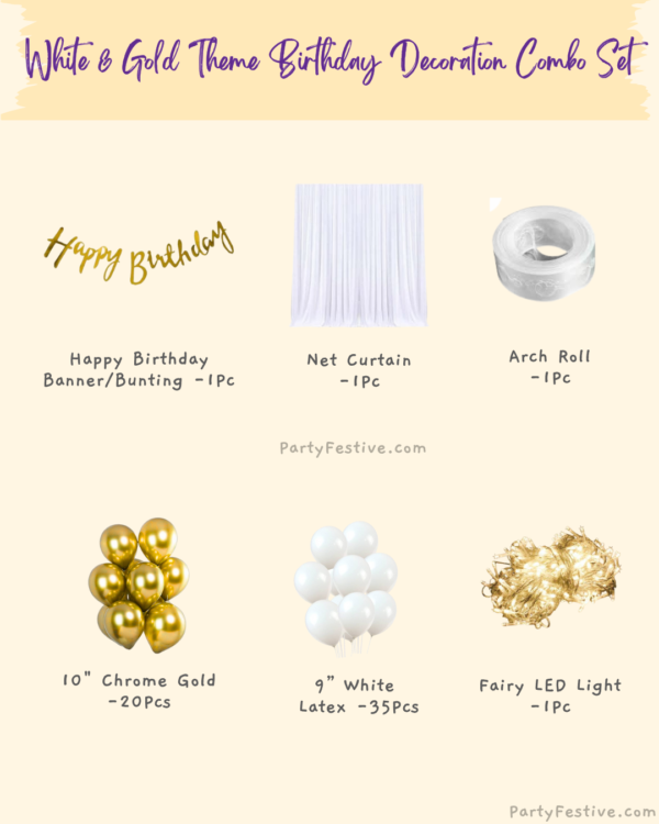 White and Gold Theme Birthday Decoration Combo Set White and Gold Theme Birthday Decoration Combo Set