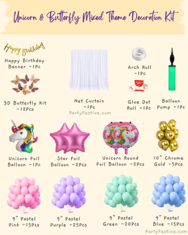 Unicorn And Butterfly Mixed Theme Birthday Decoration Kit
