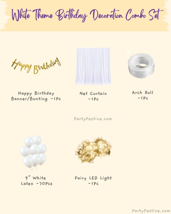 White Theme Birthday Decoration combo set. White Theme Birthday Decoration combo set.