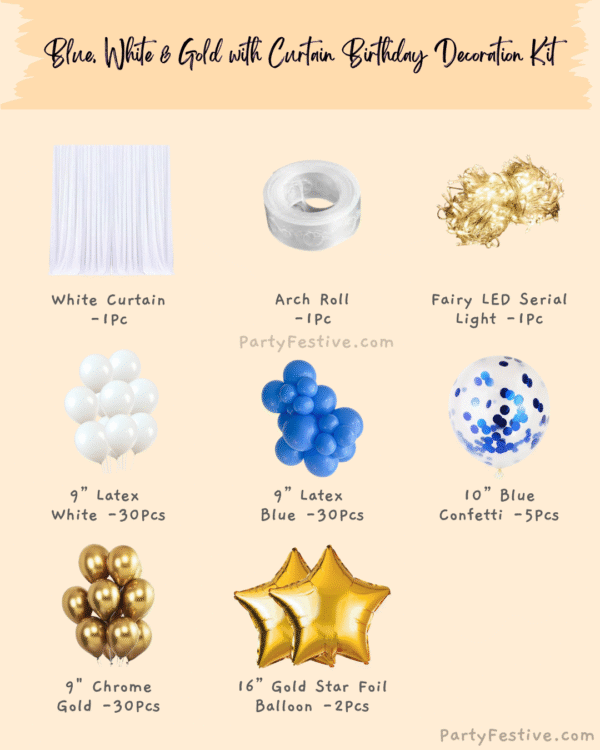 BLUE ,white & gold With Theme Birthday Decoration kit